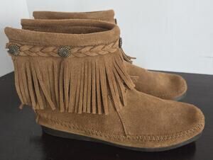 Minnetonka Womens Hi Top Back Zip Western Bootie Shoes Size 6 Brown Suede Fringe